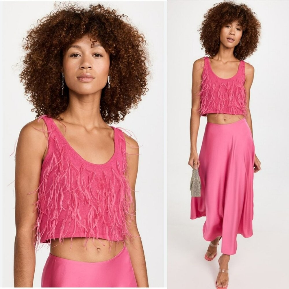 NEW Lapointe $950 Pink Cashmere Ostrich Feather Embroidered Crop Top